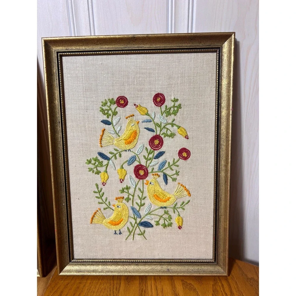 Vintage Hand Embroidered Bird Wall Art Pair Framed Folk Art Cottagecore Grandma
